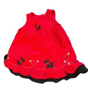 Rare Too! Girls Red Polka Dot Scottie Dog Corduroy Jumper Dress 3T